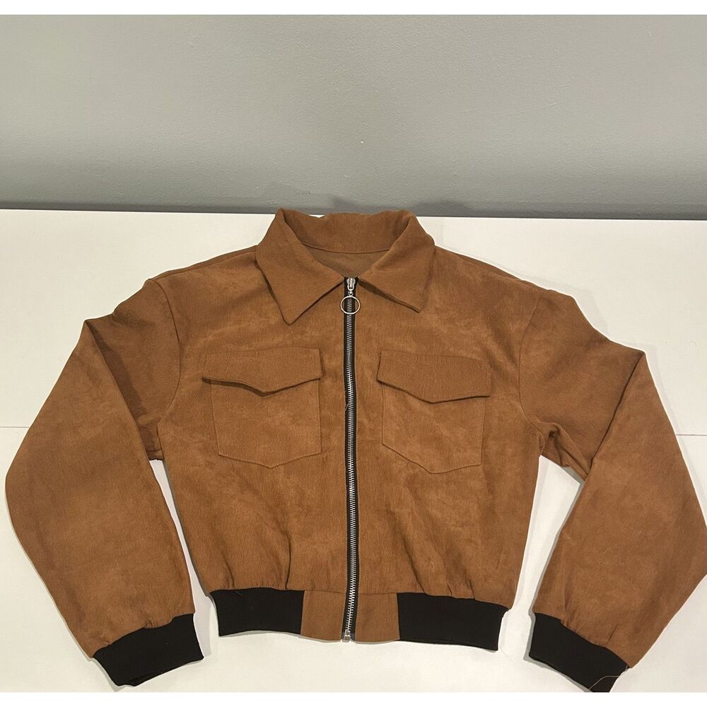 Womens Brown Corduroy Cropped Jacket Collared Zip